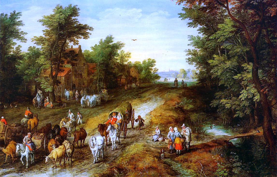 The Elder Jan Bruegel Rustic Landscape with Inn and Travellers - Hand Painted Oil Painting