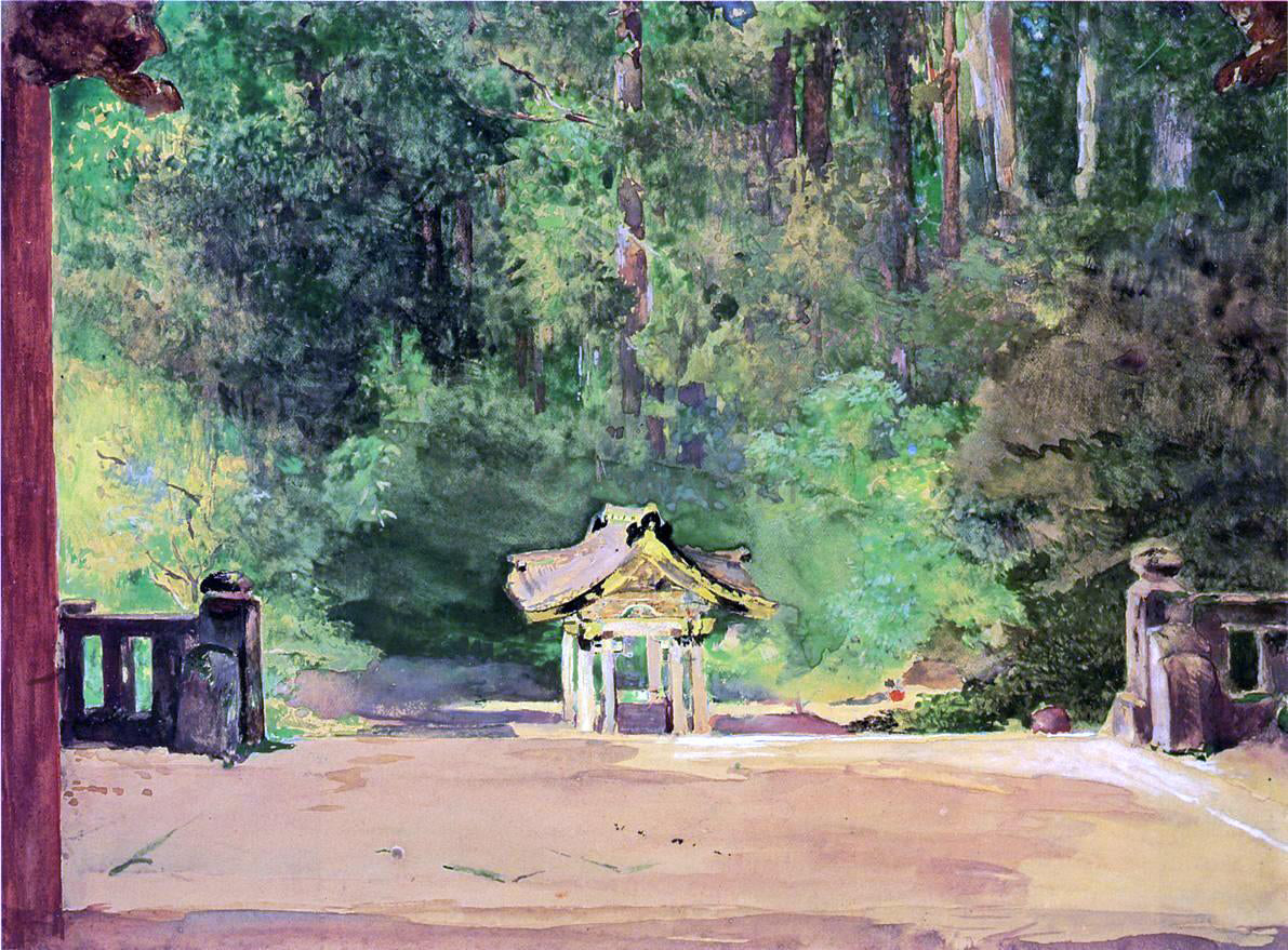 John La Farge Sacred Font in the Temple of Iyemitsu, Nikko, From the Platform of the Second Gate - Hand Painted Oil Painting