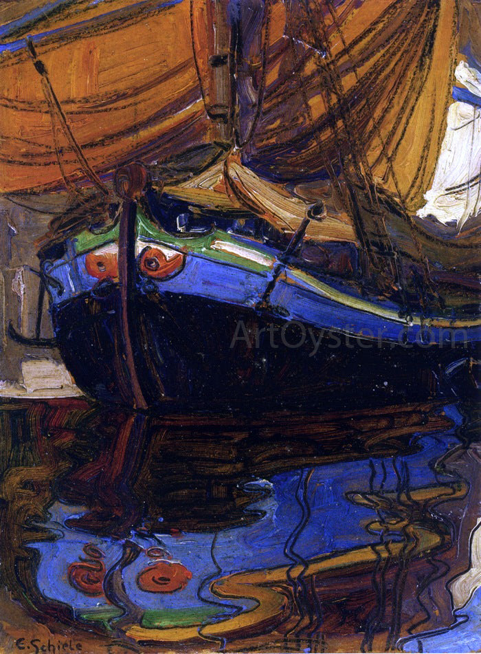 Egon Schiele A Sailing Boat with Reflection in the Water - Hand Painted Oil Painting