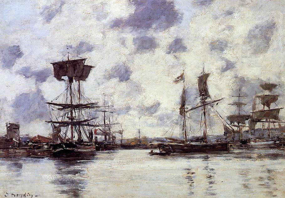 Eugene-Louis Boudin Sailing Boats at Anchor - Hand Painted Oil Painting