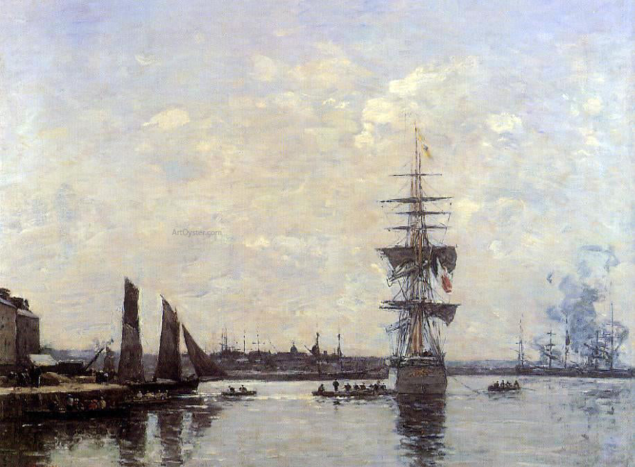 Eugene-Louis Boudin Sailing Boats at Quay - Hand Painted Oil Painting