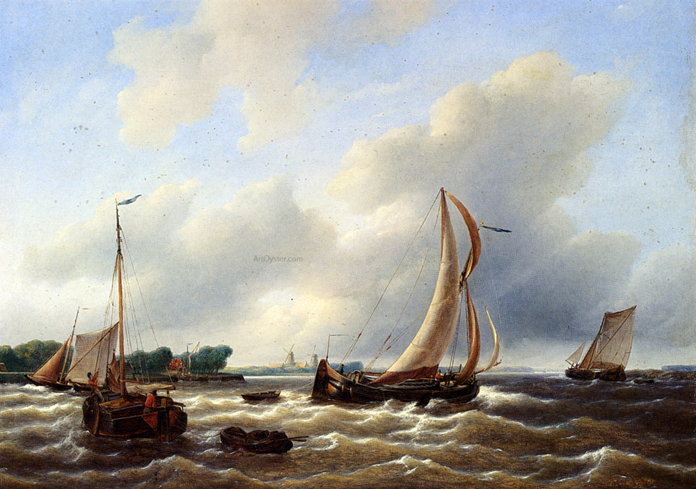 Petrus Jan Schotel Sailing Vessels on the Zuiderzee - Hand Painted Oil Painting