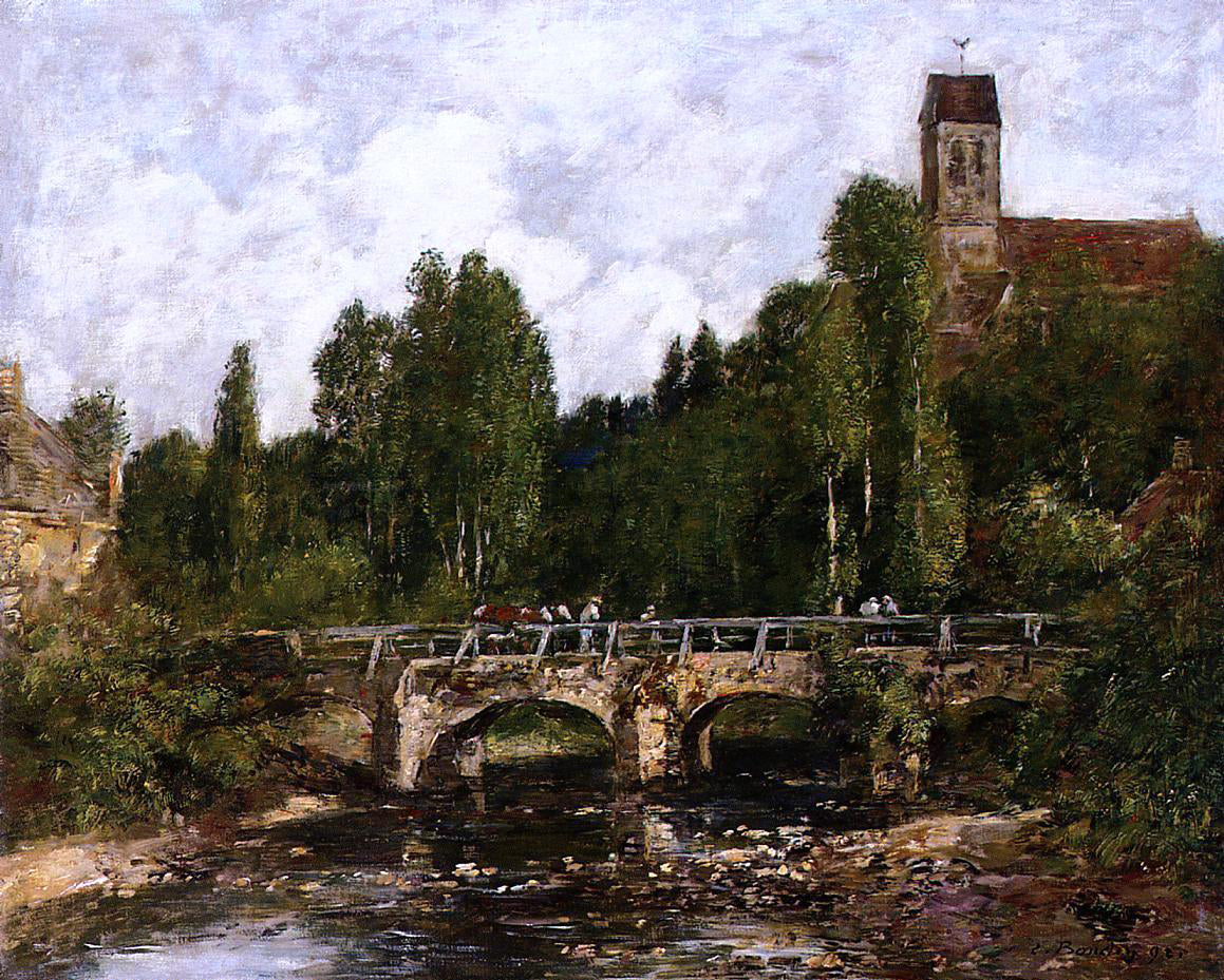 Eugene-Louis Boudin Saint-Cenery, the Church and the Bridge - Hand Painted Oil Painting