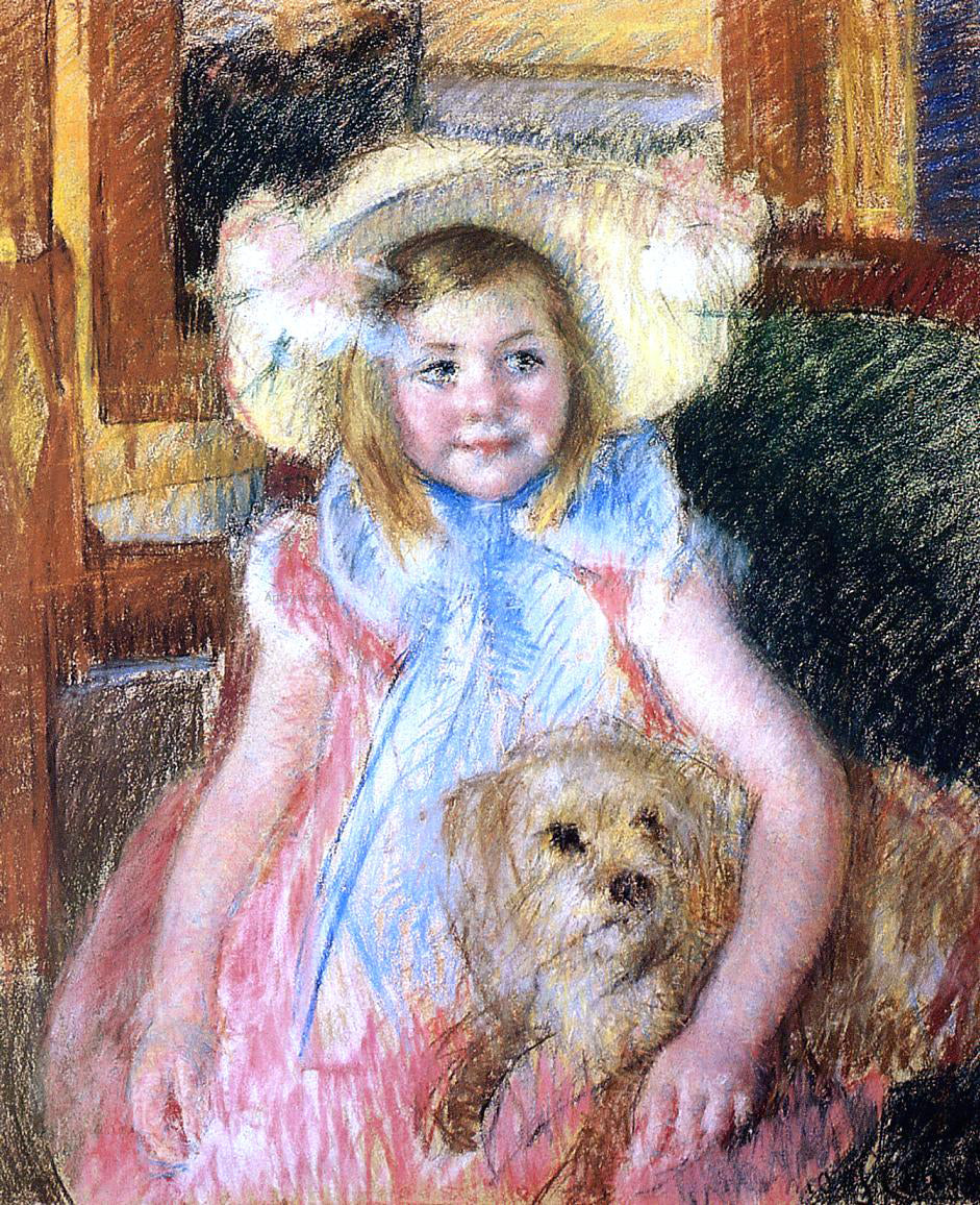 Mary Cassatt Sara in a Large Flowered Hat, Looking Right, Holding Her Dog - Hand Painted Oil Painting