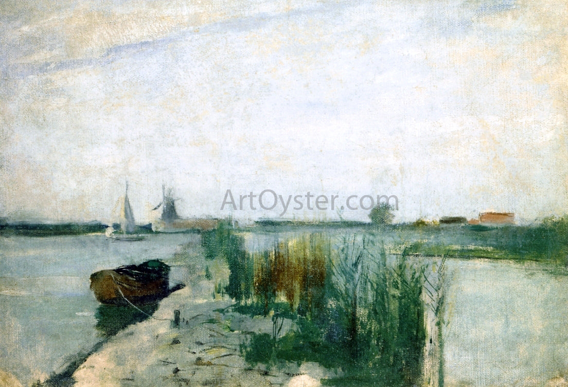 John Twachtman Scene Along a Dutch River - Hand Painted Oil Painting