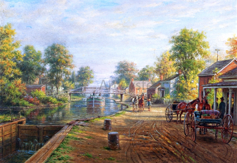 Edward Lamson Henry Scene Along Delaware and Hudson Canal - Hand Painted Oil Painting
