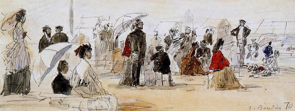 Eugene-Louis Boudin Scene on the Beach - Hand Painted Oil Painting