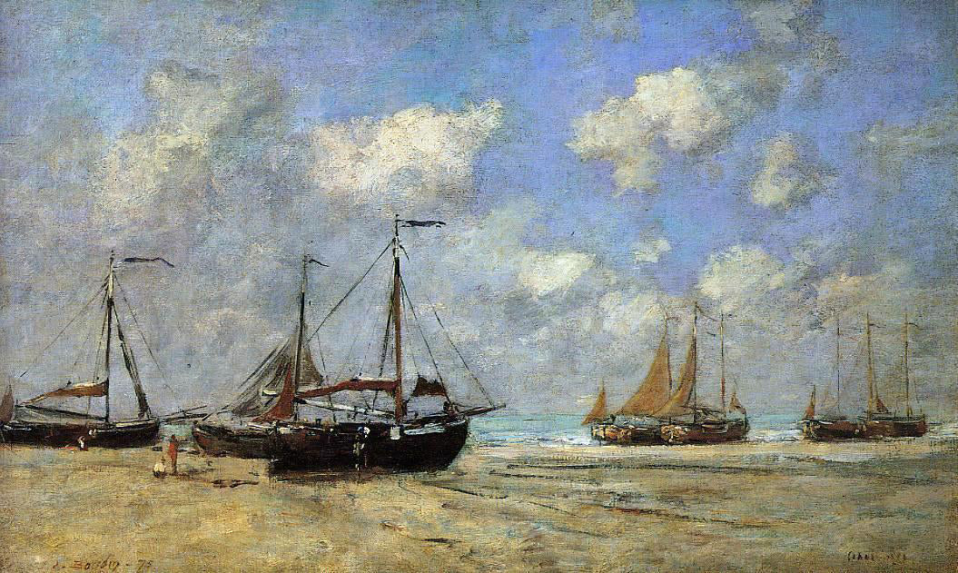 Eugene-Louis Boudin Scheveningen, Boats Aground on the Shore - Hand Painted Oil Painting