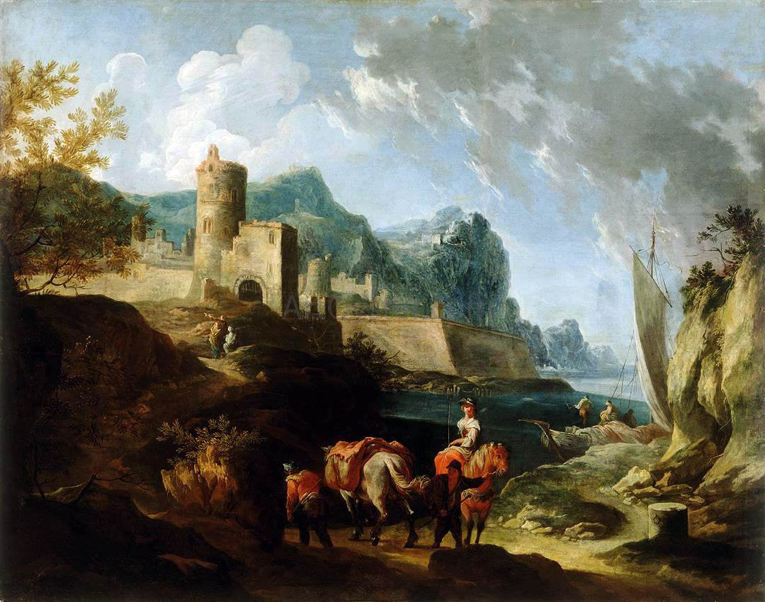 Franz Ignaz Flurer Seacoast with Travellers and a Town - Hand Painted Oil Painting
