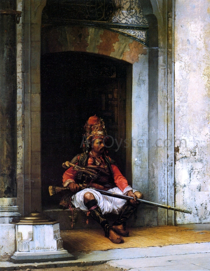 Stanislaus Poraj Chlebowski Seated Bashi-Bazouk with a Rifle - Hand Painted Oil Painting