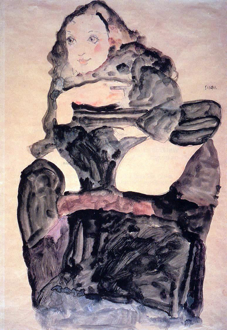 Egon Schiele Seated Girl with Raised Left Leg - Hand Painted Oil Painting