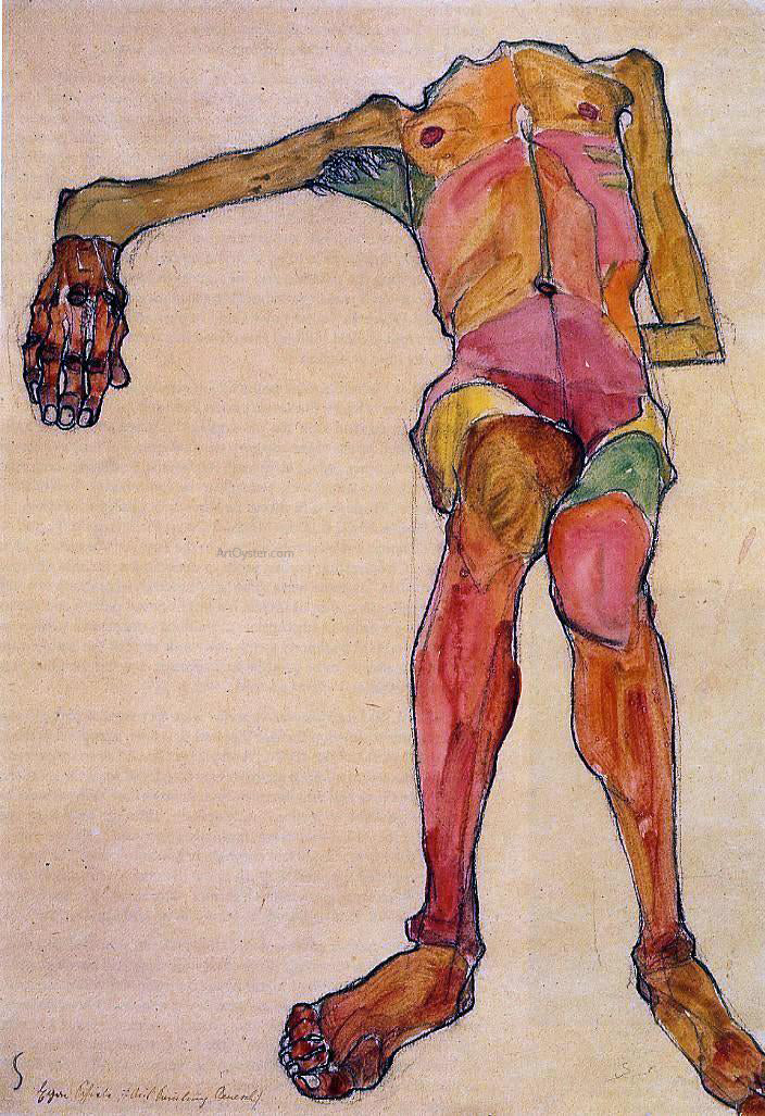 Egon Schiele Seated Male Nude, Right Hand Outstretched - Hand Painted Oil Painting