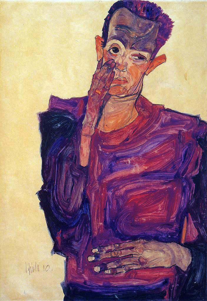 Egon Schiele Self Portrait with Hand to Cheek - Hand Painted Oil Painting