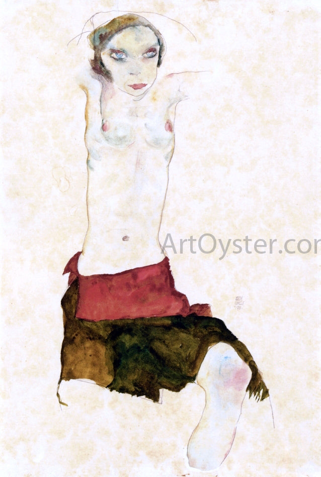 Egon Schiele Semi-Nude with Colored Skirt and Raised Arms - Hand Painted Oil Painting