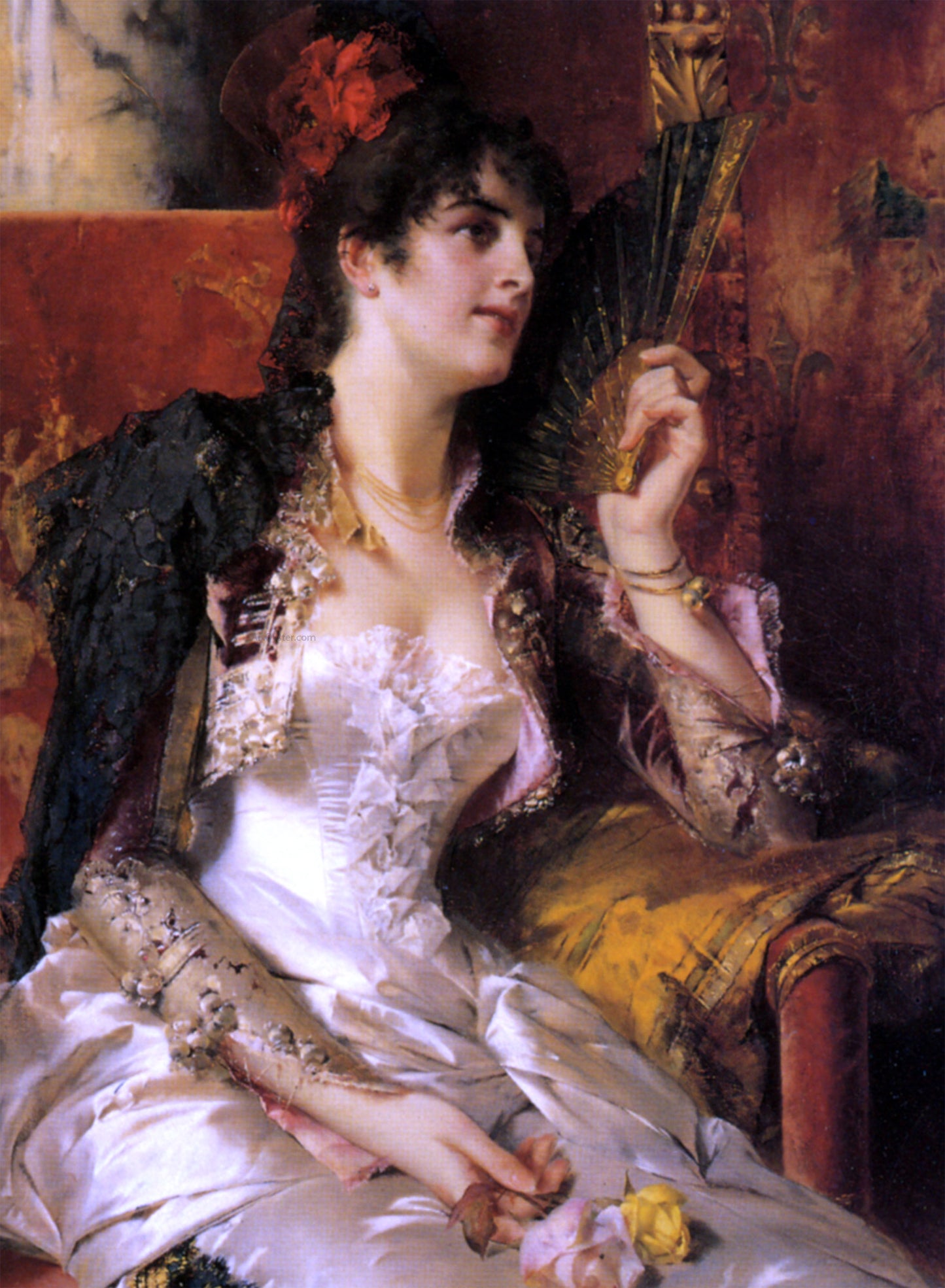 Conrad Kiesel Senorita with a Fan - Hand Painted Oil Painting