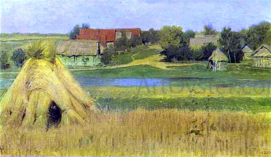 Isaac Ilich Levitan Sheaves and a Village Beyond the River - Hand Painted Oil Painting
