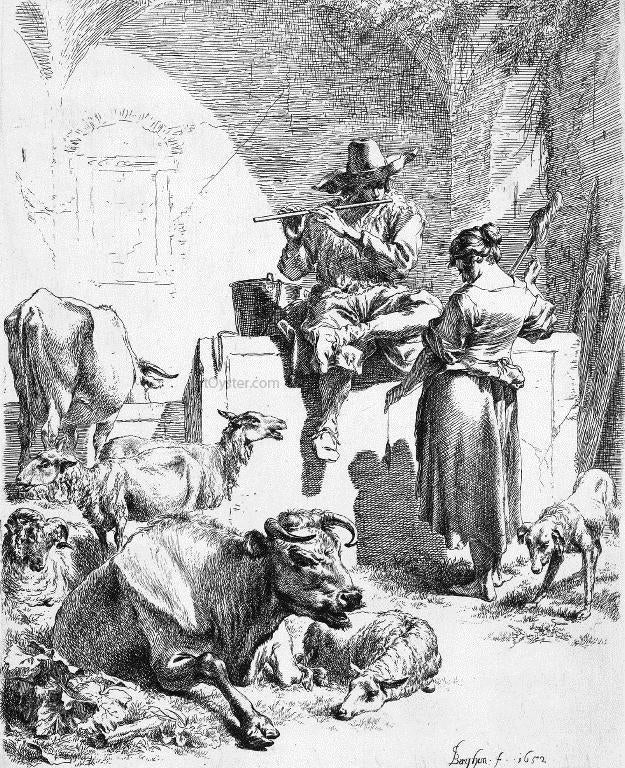 Nicolaes Berchem Shepherd at the Well with the Spinning Girl - Hand Painted Oil Painting