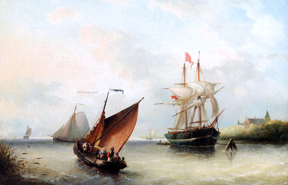 Nicolaas Riegen Shipping In A River Estuary On A Windy Day - Hand Painted Oil Painting