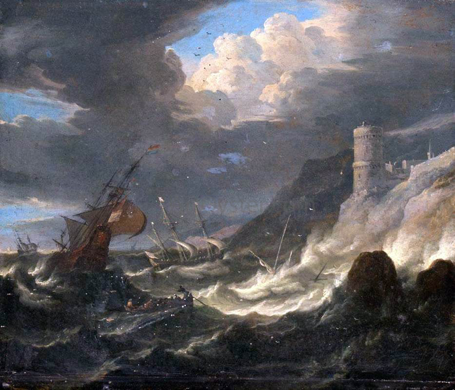 The Younger Pieter Mulier Shipping off a Rocky Coast in Storm - Hand Painted Oil Painting