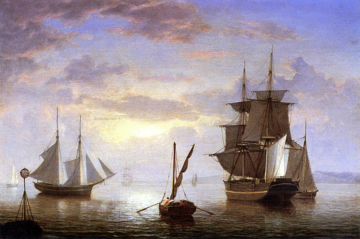  Fitz Hugh Lane Ships in a Harbor, Sunrise (also known as Ships off Massachusetts Coast) - Hand Painted Oil Painting