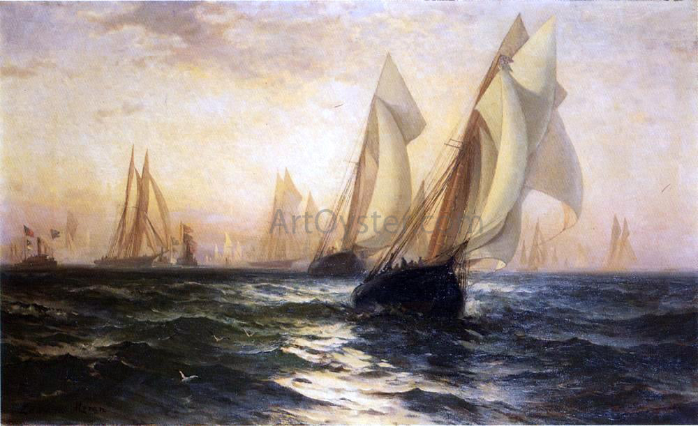 Edward Moran Ships in Harbor - Hand Painted Oil Painting