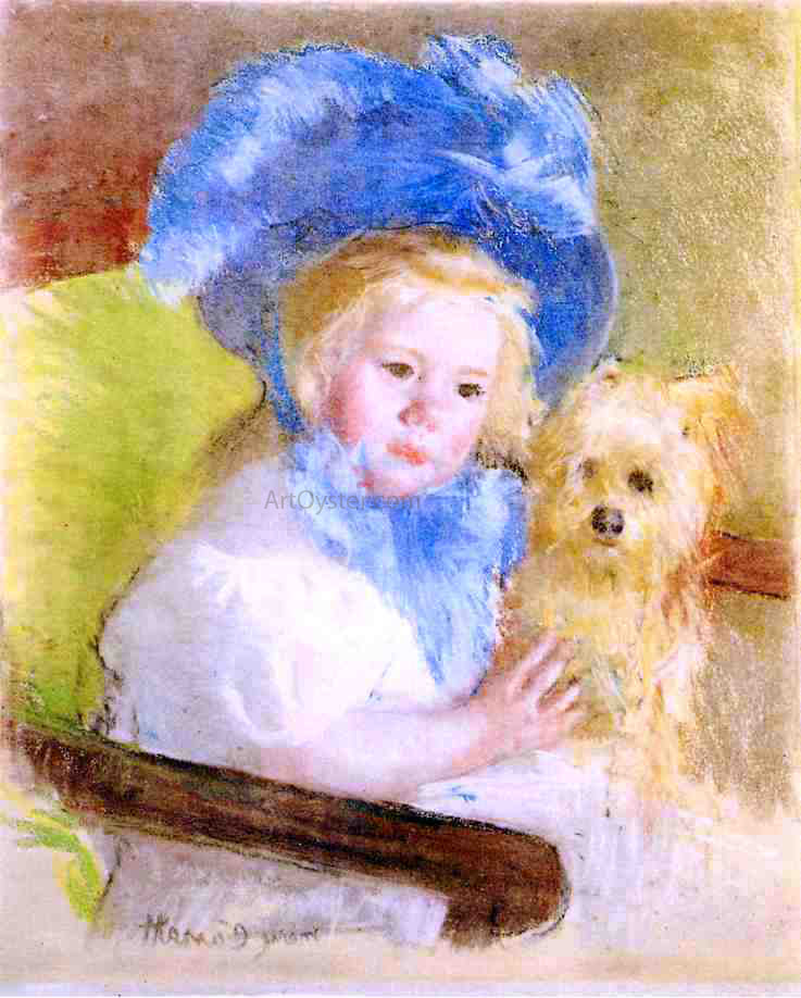 Mary Cassatt Simone in a Large Plumed Hat, Seated, Holding a Griffon Dog - Hand Painted Oil Painting