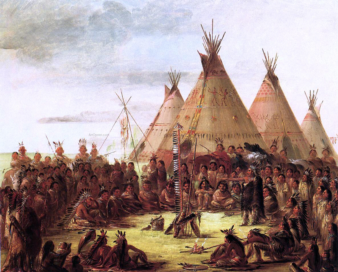 George Catlin Sioux War Council - Hand Painted Oil Painting