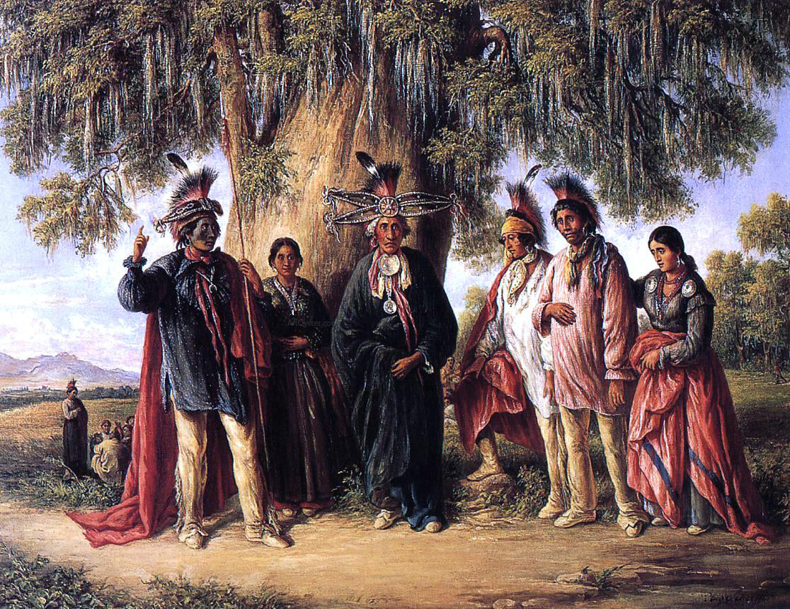 August Schoefft Six Kickapoo Indians, Chief and Family - Hand Painted Oil Painting