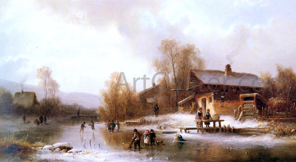 Anton Doll Skaters and Washerwomen in a Frozen Landscape - Hand Painted Oil Painting