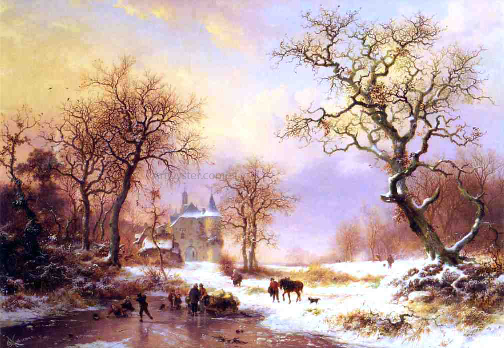 Frederk M Kruseman Skaters in a Winter Landscape - Hand Painted Oil Painting