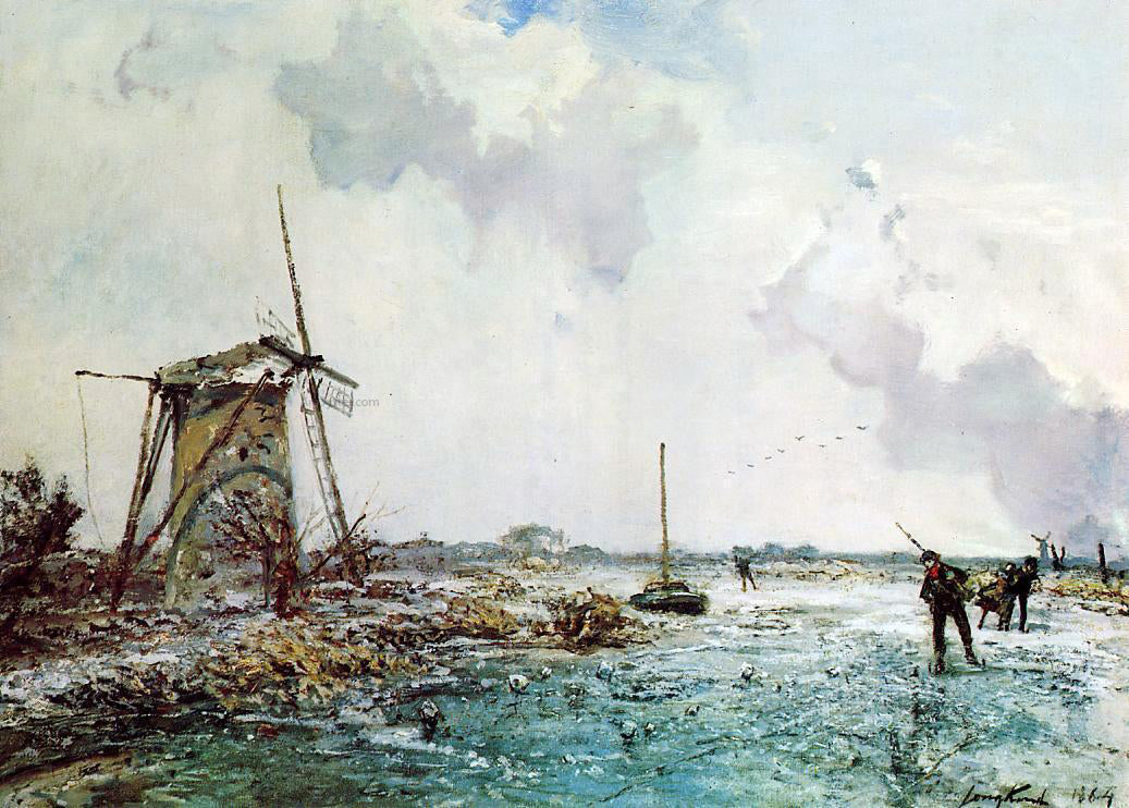 Johan Barthold Jongkind Skaters in Holland - Hand Painted Oil Painting