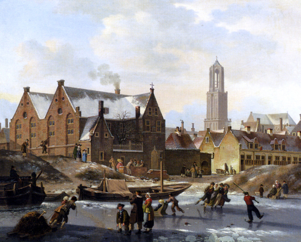 Jan Hendrik Verheijen Skaters on a Frozen Canal - Hand Painted Oil Painting