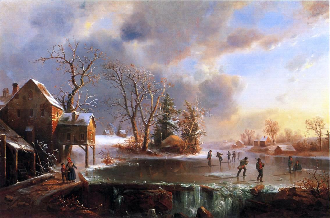 Marie-Francois-Regis Gignoux Skaters on a Frozen Pond - Hand Painted Oil Painting
