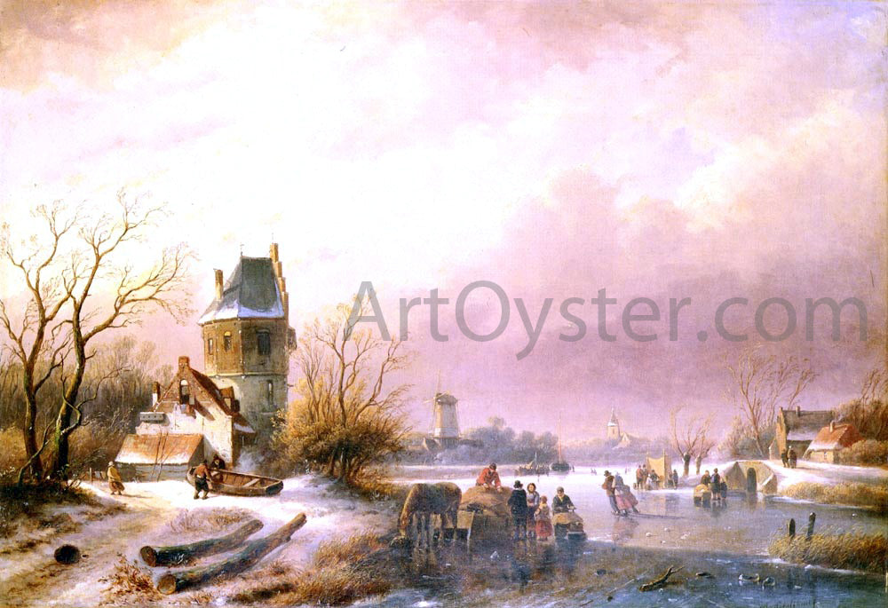 Andreas Schelfhout Skaters on a Frozen River - Hand Painted Oil Painting