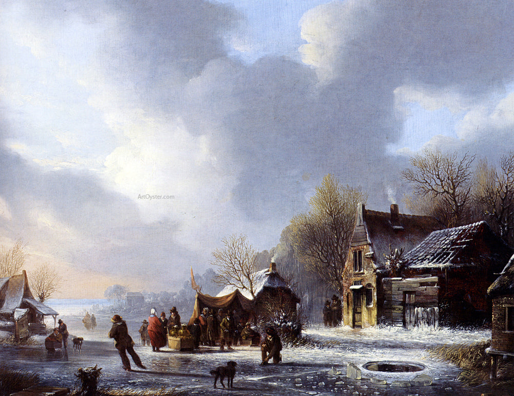 Jacobus Van Der Stok Skaters On A Frozen River Near A 'Koek En Zopie' - Hand Painted Oil Painting