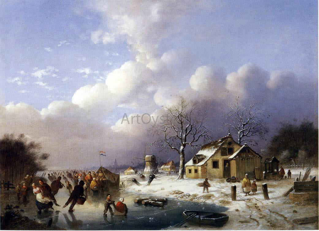 Johann Mongles Culverhouse Skating Scene in Holland - Hand Painted Oil Painting