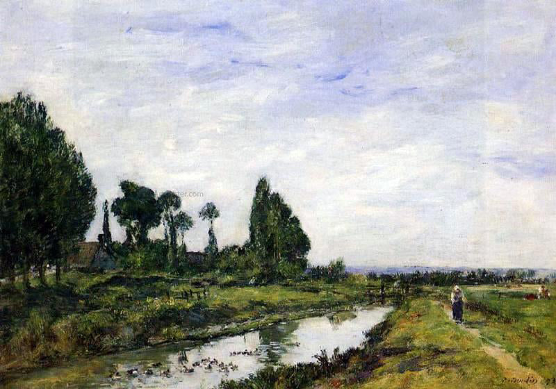 Eugene-Louis Boudin Small Canal at Quilleboeuf - Hand Painted Oil Painting