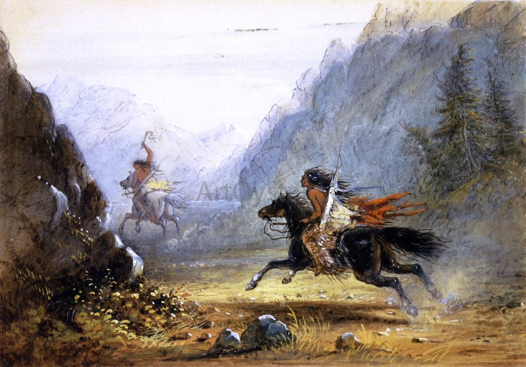 Alfred Jacob Miller Snake Indian Pursuing a Crow Horse Thief - Hand Painted Oil Painting