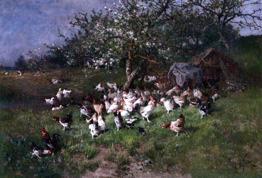 Alexandre Defaux Spring, Chickens under Flowering Apple Trees - Hand Painted Oil Painting