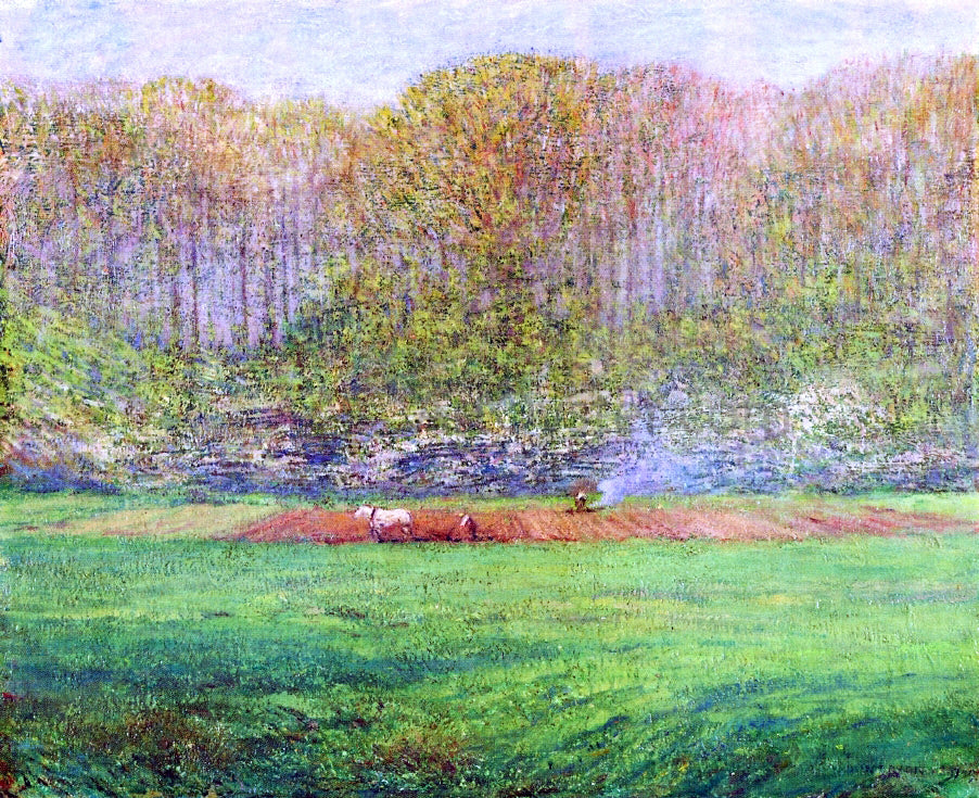 Dwight W Tryon Spring Landscape with a Farmer and White Horse - Hand Painted Oil Painting