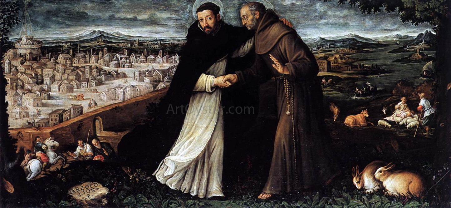 Angelo Lion St Dominic and St Francis - Hand Painted Oil Painting
