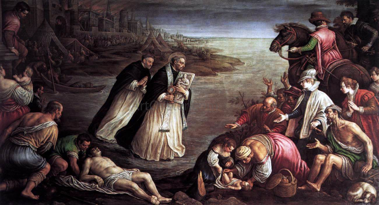 Leandro Bassano St Giacinto Walking on the Water of the River Dnieper - Hand Painted Oil Painting