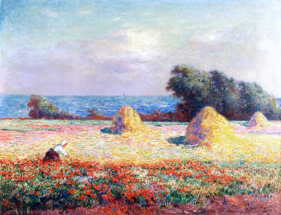 Ferdinand Du Puigaudeau Stacks of Hay and Field of Poppies - Hand Painted Oil Painting