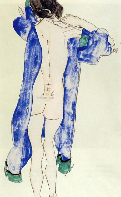 Egon Schiele Standing Female Nude in a Blue Robe - Hand Painted Oil Painting