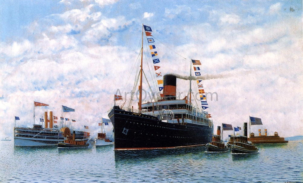 Antonio Jacobsen Steamship OSCAR II Entering New York Harbor - Hand Painted Oil Painting
