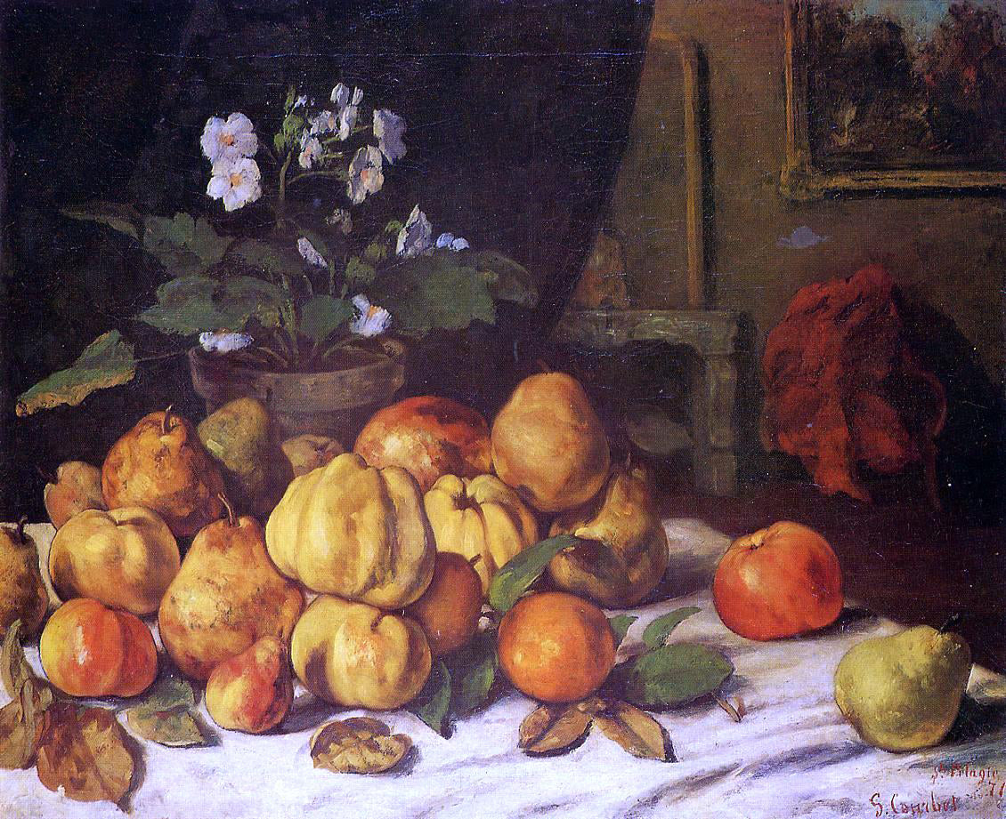 Gustave Courbet Still Life: Apples, Pears and Flowers on a Table, Saint Pelagie - Hand Painted Oil Painting