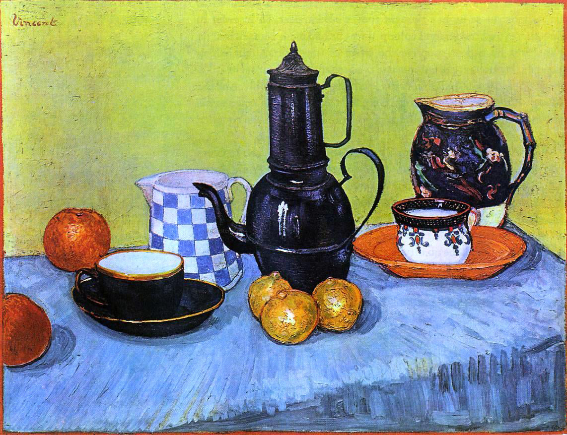 Vincent Van Gogh Still Life: Blue Enamel Coffeepot, Earthenware and Fruit - Hand Painted Oil Painting