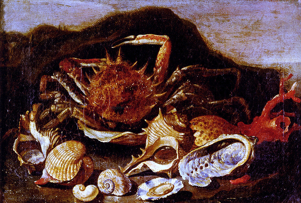 Paolo Porpora Still Life Of A Crab, Shells And Coral In A Landscape - Hand Painted Oil Painting