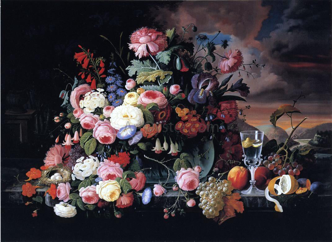 Severin Roesen Still Life of Flowers and Fruit with a River Landscape in the Distance - Hand Painted Oil Painting