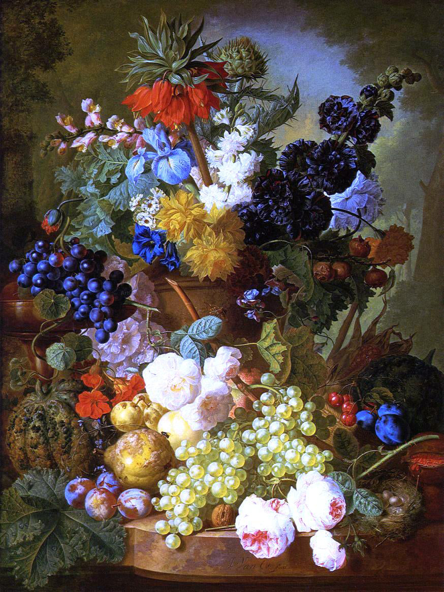 Jan Van Os Still Life of Flowers, Fruit and Bird's Nest on a Marble Ledge - Hand Painted Oil Painting